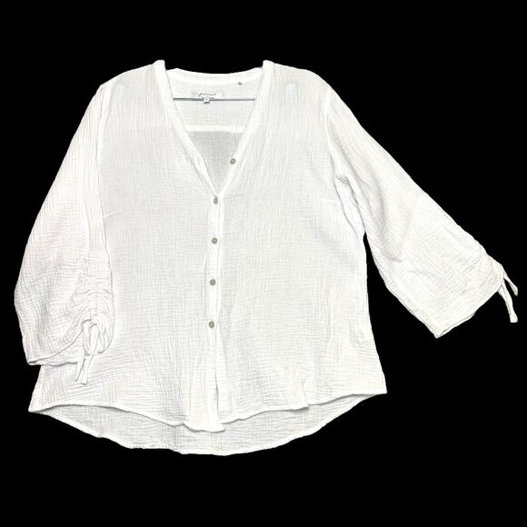 Foxcroft White Gauze Cotton Button Blouse XL Ruched Sleeves Boho Chic Coastal - Picture 4 of 11